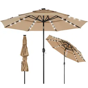 3-Tier Solar Patio Umbrella with 32 LED Solar Garden Lights, Tilt Adjustment, Easy Crank – Outdoor Market Umbrella for Garden, Deck, Backyard
