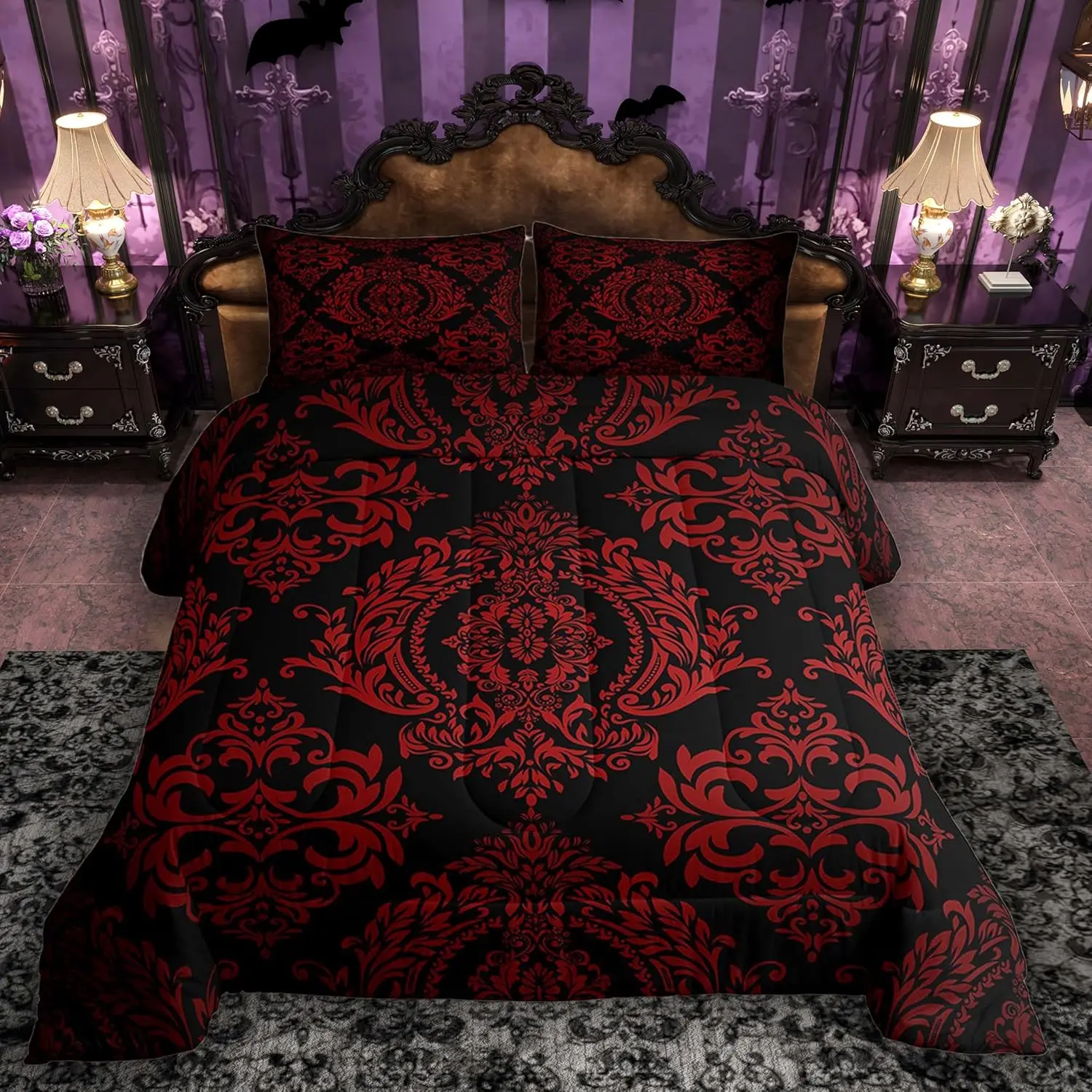 Feelyou Red Vintage Damask Floral Microfiber Decorative Bedding Set - Oriental Gothic Duvet Set, Machine Washable, Available in Twin/Queen/King Sizes, Microfiber Bedding Set
