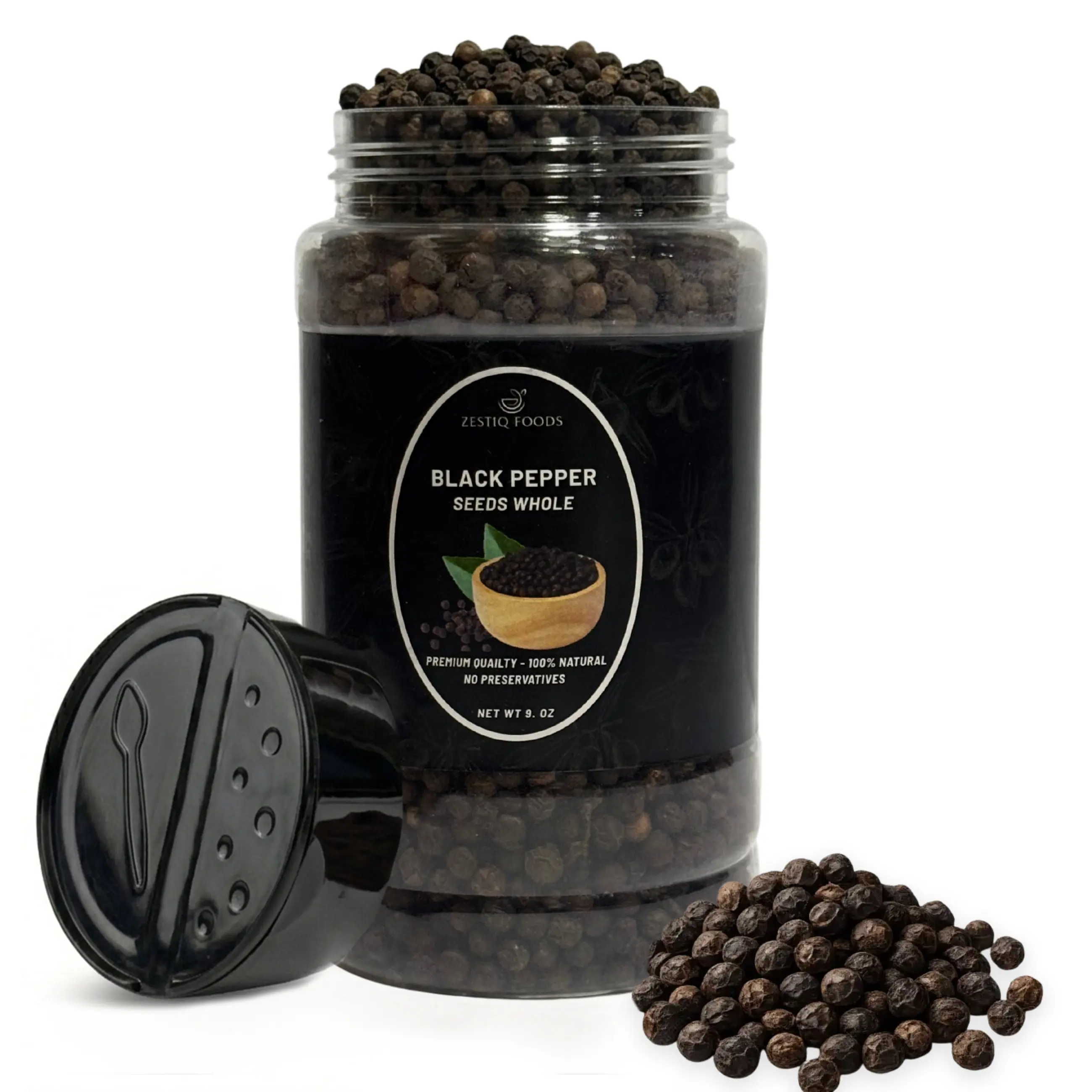 Zestiq Foods Organic Black Pepper Seeds, 9 oz Jar – Whole Black Peppercorns for Cooking, Seasoning & Fresh Grinding