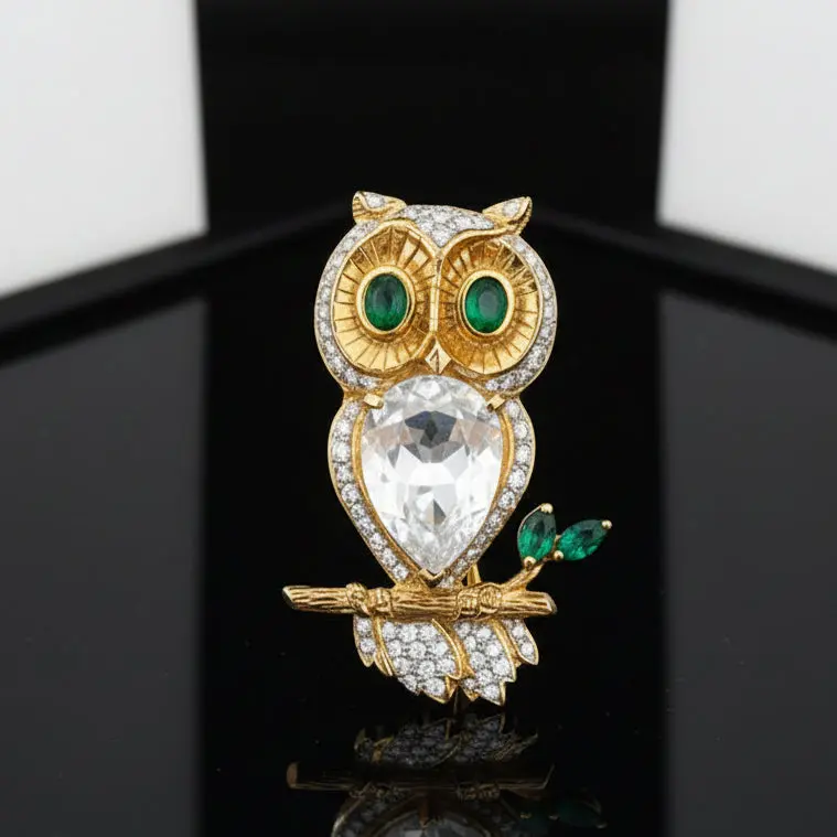 Vintage 1970's 18k Gold Diamond Owl Brooch with Emerald Eyes & Rock Crystal Body