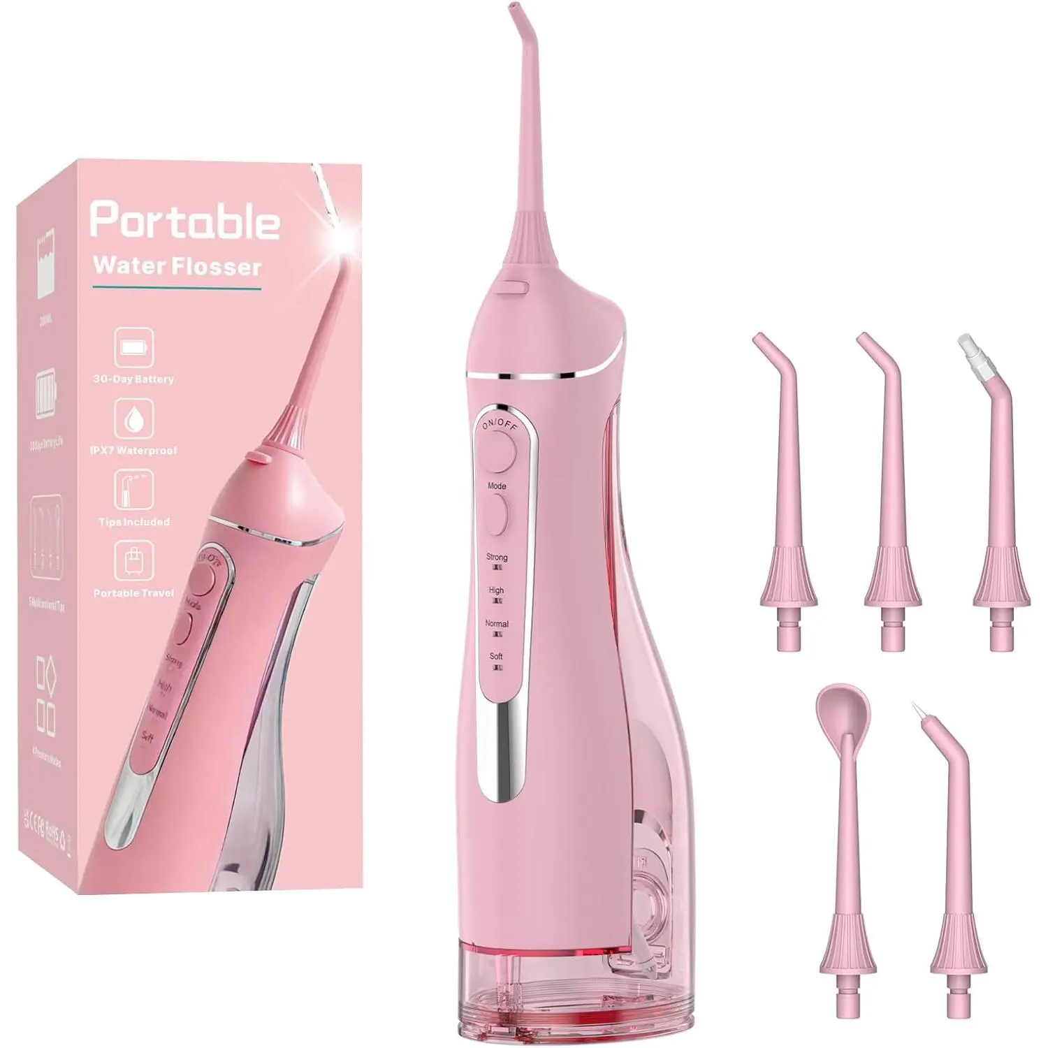 Cordless Portable Water Flosser with 300ML Tank: Rechargeable Oral Irrigator with 5 Tips for Travel, Braces Care and Sensitive Gums, IPX7 Waterproof Teeth Cleaning Device(Pink)