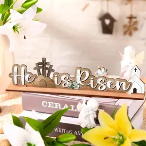 Resurrection Easter Wooden Sign, Rustic Farmhouse Religious Decor with Cross Lamb and Church Paper Cutout, Home Desktop Spring Celebration