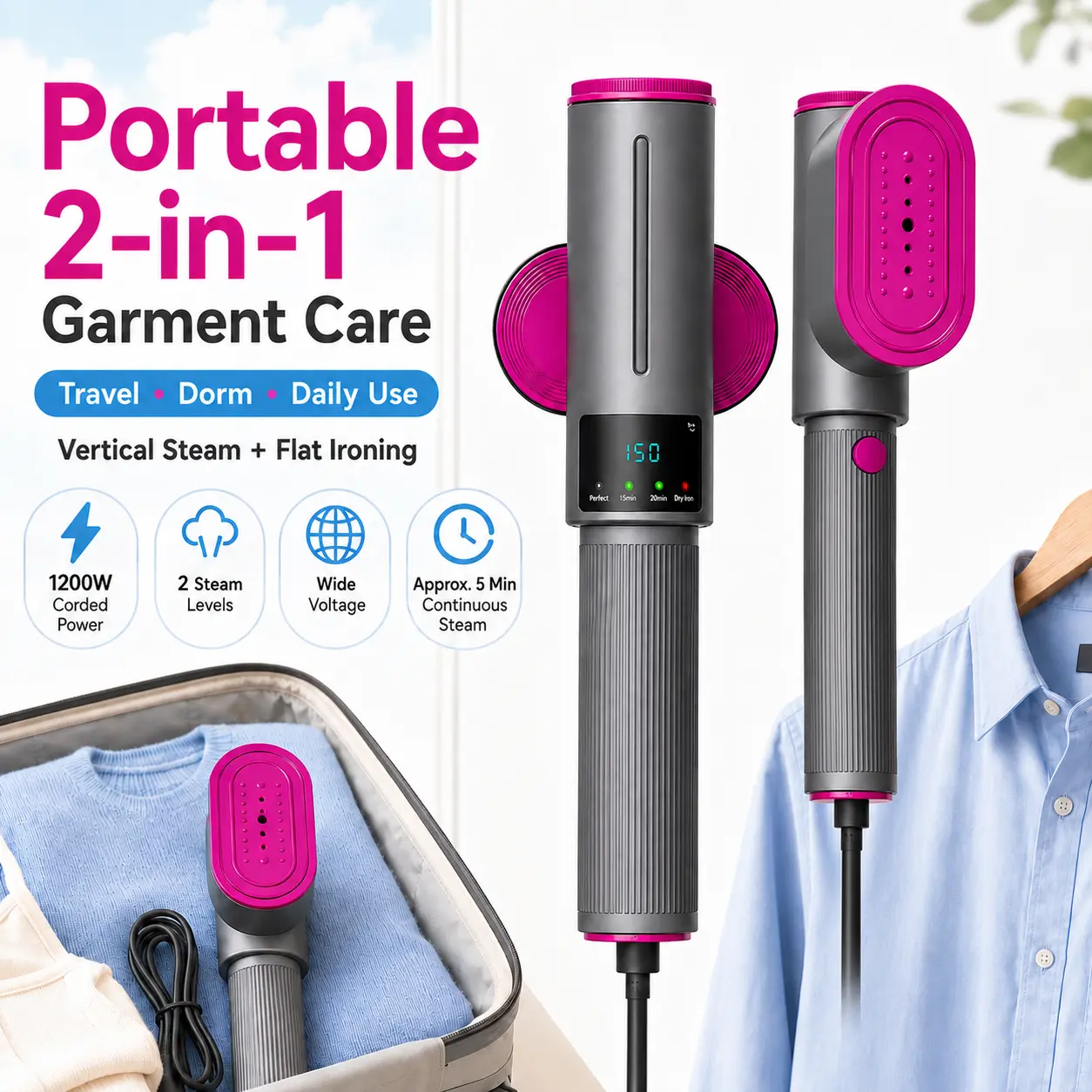 Travel Essentials Portable Garment Steamer and Iron, 1200W Corded Clothes Steamer with Vertical Steaming, Flat Ironing, 2 Steam Levels and Wide Voltage for Vacation, Dorm and Daily Use weddingdress