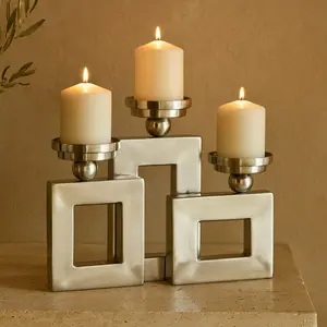 Stainless Steel Metal Pillar 3 Plate Decorative Candle Holder 14" x 6" x 11"