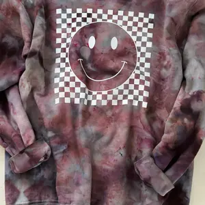 Retro Smiley Sweatshirt, Ice Dyed Sweatshirt, Pink and Gray Cozy Sweatshirt, Crewneck Pullover, Tie Dye Sweater