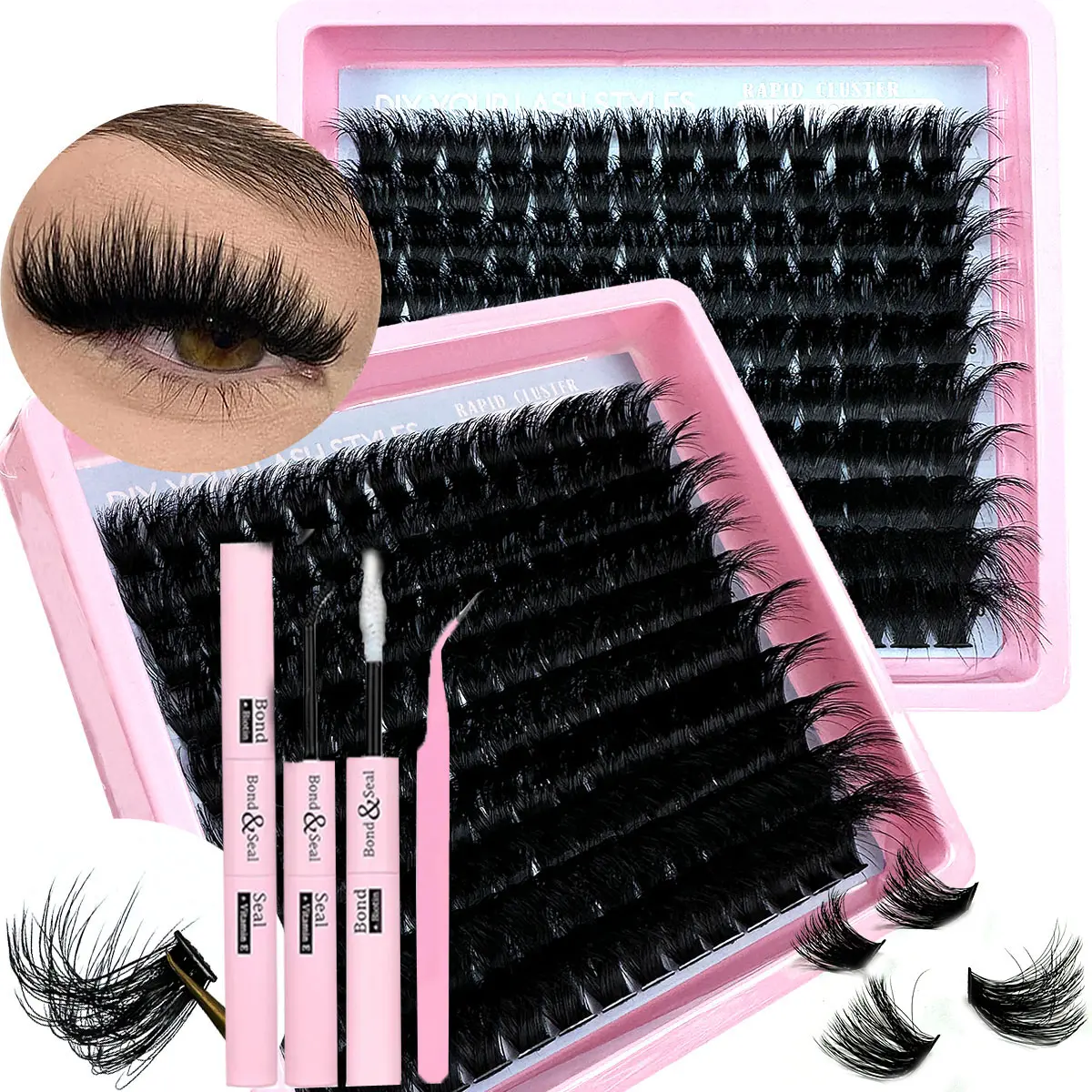 200D/160D/120D/100D/80D/60D Eyelash Extension Kit with Thick Clusters, Fluffy Cluster Lashes, Volume False Eyelashes, Volume Individual Lash, 14-20mm Individual Lashes, Includes Adhesive and Sealer for Easy Application