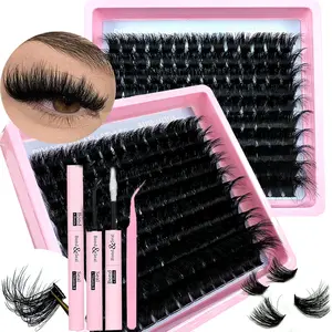 200D/160D/120D/100D/80D/60D Eyelash Extension Kit with Thick Clusters, Volume Individual Lash, 14-20mm Individual Lashes, Includes Adhesive and Sealer for Easy Application