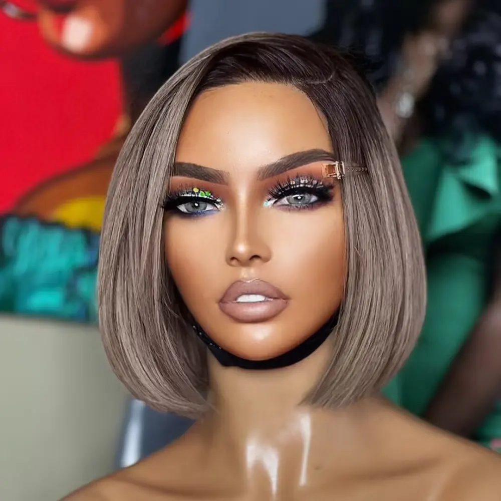 Grey Ash Blonde Bob Wig Human Hair 180 Density 13x4 Straight Lace Frontal Bob Wig Brown Root Grey Ash Colored Transparent Lace Front Wig Pre Plucked For Women