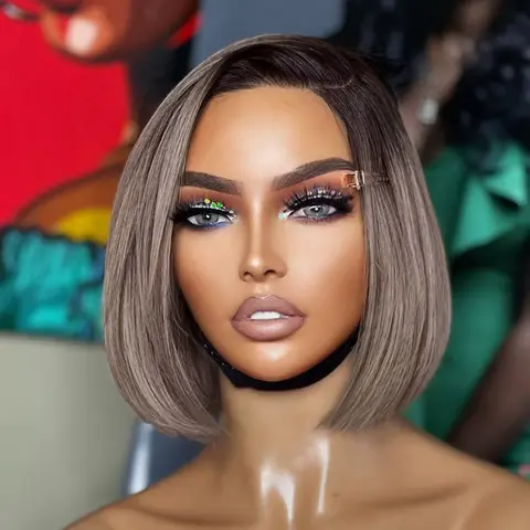 Grey Ash Blonde Bob Wig Human Hair 180 Density 13x4 Straight Lace Frontal Bob Wig Brown Root Grey Ash Colored Transparent Lace Front Wig Pre Plucked For Women