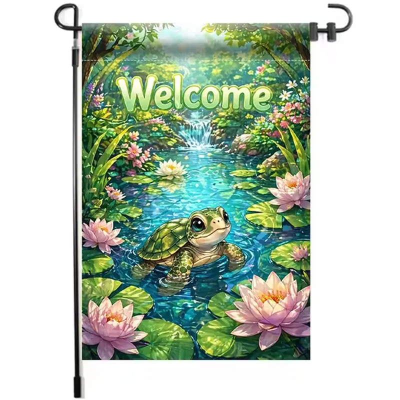 Welcome Cute Turtle Water Lily Garden Flag Double-Sided 2D Flat Print, Forest Stream Waterfall Pond Green Nature Yard Flag, Whimsical Cottagecore Spring Summer Small House Flag Front Porch Lawn Outdoor Decor, Flag Stand Not Included