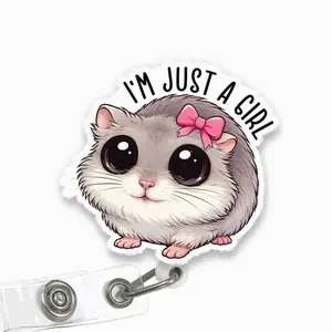 I'm Literally Just a Girl Cute Hamster Badge Reel, Pink Bow Acrylic Retractable ID Holder with Clip, Girly Gift for RN LPN CNA MA Nurse Doctor Student
