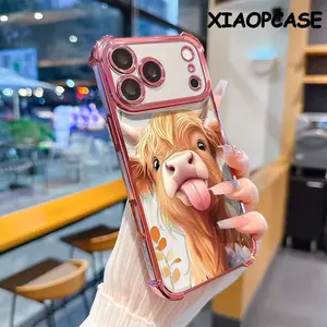Phone Case for iPhone 17 16 Pro Max 15 Plus 14 13 12 11 Air Fluffy Cow Charm Pattern Mobile Four Corner Anti-drop Shockproof Non-slip Silicone Transparent Protective Cover