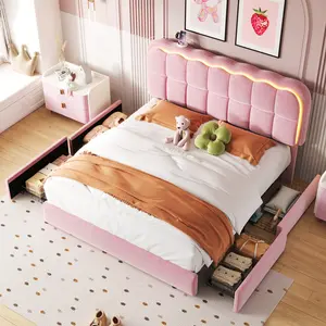 Full Size Upholstered Bed Frame with 4 Drawers and Headboard, Velvet Platform Storage Bedframe, Wooden Slats Support, No Box Spring Needed
