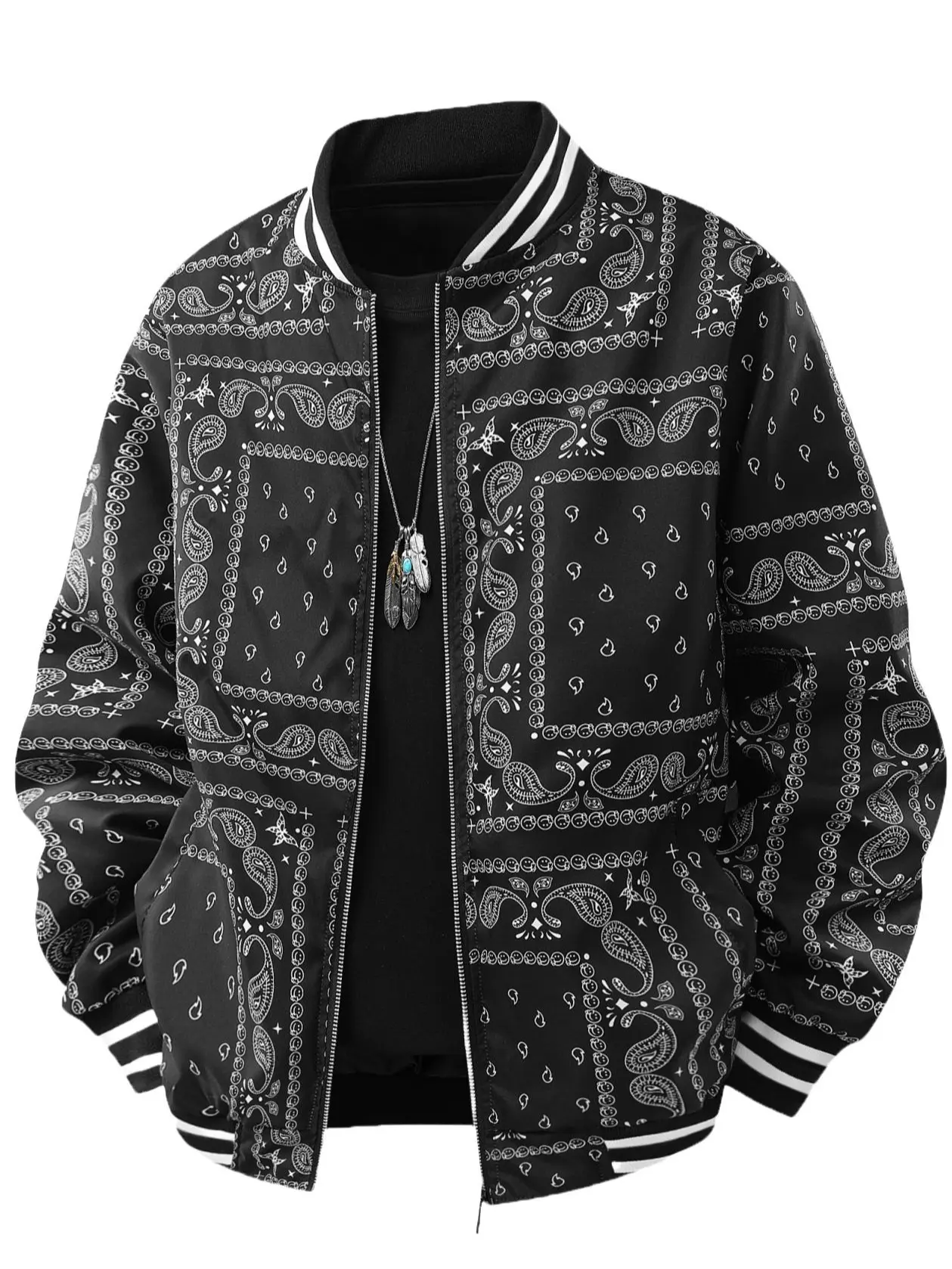 Men’s paisley-print hoodie jacket, zip-up baseball bomber jacket, vintage paisley pattern baseball jacket, ribbed striped zip-up jacket, hip-hop style bandana print bomber jacket, casual street-style school varsity jacket for men