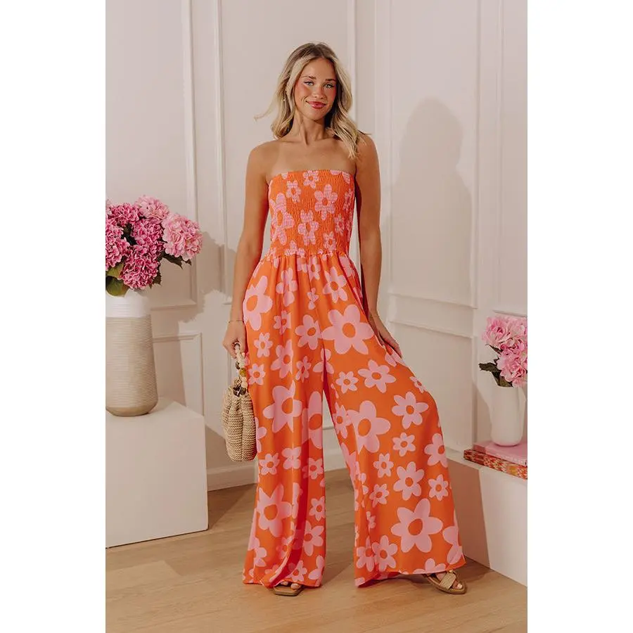 Loft Party Smocked Floral Jumpsuit in Orange
