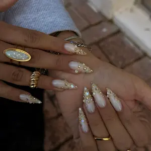 Handmade Gold Rhinestone Press On Nails, Milky White Nail Art