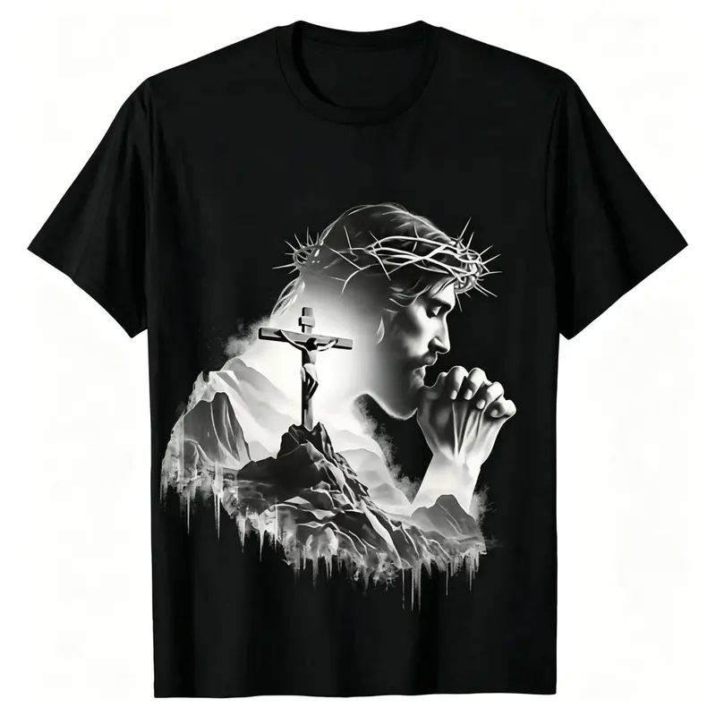 Summer t Shirts Jesus Praying Crown of Thorns Cross Mountain Christian T-Shirt, Faith Based Religious Graphic Tee for Men Women, Vintage Christian Gift, Jesus Lover Shirt, Trendy Christian Apparel