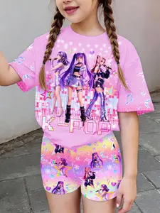 Girls' Two-Piece Set T-Shirt and Shorts, Virtual Girl Group Cartoon Print, Cute Short Sleeve Kids, Essential Summer Wear, Summer Clothes Set, Matching Outfits Set