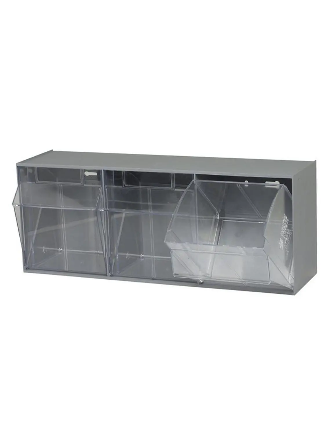 Quantum Storage QTB303GY Rectangular Tip-Out Organiser Bins - Gray Plastic Industrial Part Storage Boxes, Injection Molded Polystyrene, Space-Saving Wall-Mount, 7.75x23.62x9.5 in, 45-Degree Open for Cabinet Organization