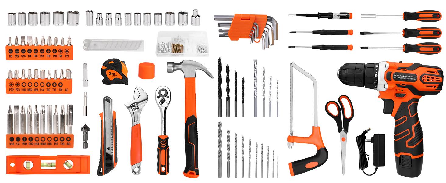 255-Piece Tool Set - Tool Kit with 12V Cordless Drill Driver, Toolbox Storage Case with Drawer, General Household Drill Set for DIY Projects, Home Repairs, Handyman