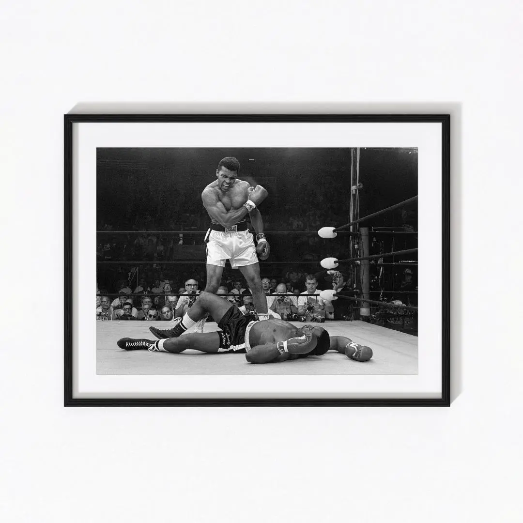 Muhammad Ali vs Sonny Liston 1965 Boxing Poster Iconic Knockout Sports Art Black and White Vintage Wall Print for Man Cave or Gym Decor