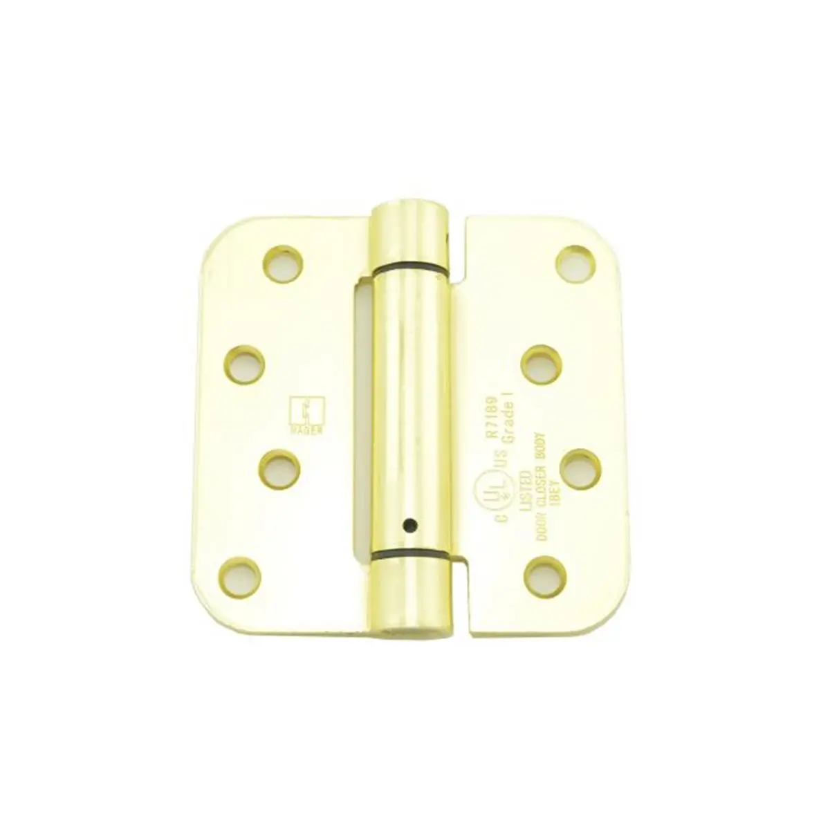 Hager 118748 Satin Brass Full Mortise Residential Spring Door Hinge - 4 x 4 in., 0.625 in. Radius Corner Steel, Adjustable Tension, Staggered Hole Pattern (Model 175244EA)