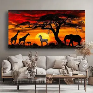 Large Modern Abstract Safari Sunset Wall Art - African Wildlife Silhouette Canvas Painting, Framed, Fade Resistant Ink, Vibrant Orange and Red Tones, Stretched on Wooden Frame, Contemporary Home Decor for Living Room, Bedroom, Office Decor, Nature Inspire