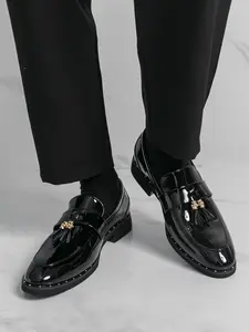 Men's Snake Skin Pattern Pu Leather Loafers, Rivet Fringe Design, Slip-On Pointed Toe Shoes, Casual Business Style, Large Size 47, Wedding Shoes