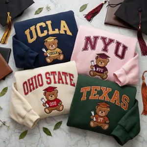 Teddy Bear University Graduation Embroidered Sweatshirt, Custom College Name Tee, Cute School Spirit Shirt, Game Day Outfit, College Gift