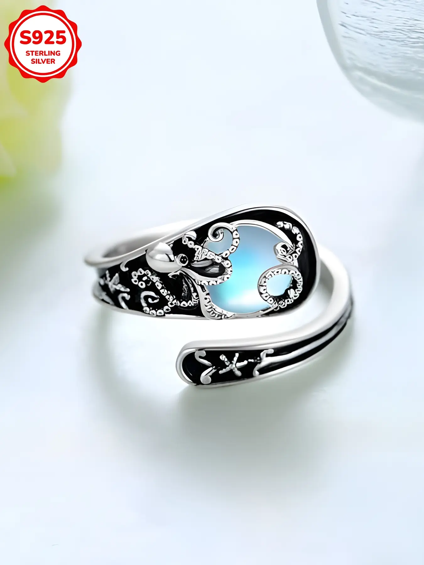 Women's Vintage Bohemian S925 Silver Moonstone Spoon Ring, Adjustable Open Finger Ring, Adjustable Rings, Anti-Allergy, Daily Wear, Party Gift, Unique Rings, Statement Ring, Boho Style Rings