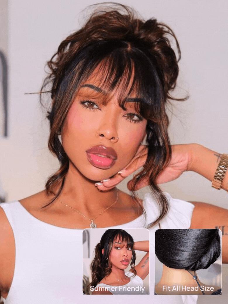 【NEW IN】UNice Pre-Everything Balayage Highlight Fluffy Loose Wave Curtain Bangs Wig   Glueless 13x4 Lace Frontal Human Hair Wigs with Upgraded Drawstring