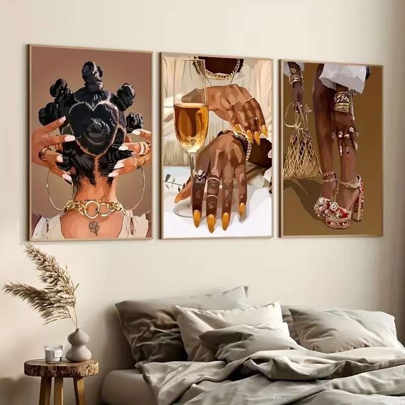 Abstract Black Girl Fashion Set Of 3 Posters, Trendy Maximalist Print, Modern Room Decor, Unframed Art