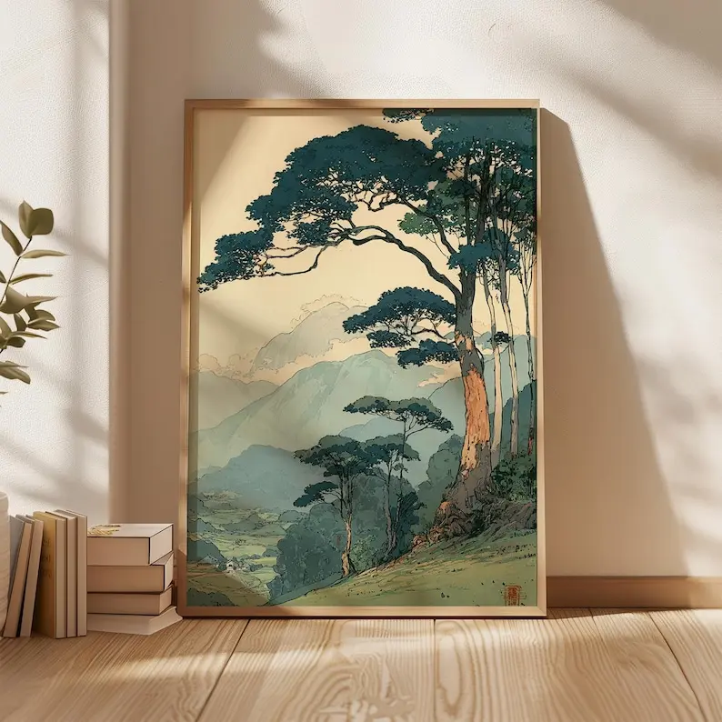 Vintage Japanese Forest Poster, Tranquil Mountain Landscape Wall Art, Retro Nature Print, Minimalist Tree Scene, Serene Home Decor