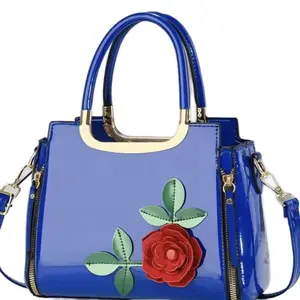 Women's Blue Crossbody Handbag with Rose Embroidery for Church and Everyday Use
