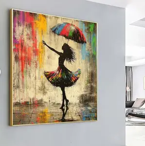 Banksy Woman Dancing in Rain Canvas: Graffiti Art Wall Decor