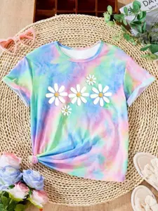 Girls' Fashion Tie-Dye T-Shirt Top, Colorful Vintage Style, Soft Stretchy Knit Fabric, Perfect for Back-To-School, Casual Summer Wear