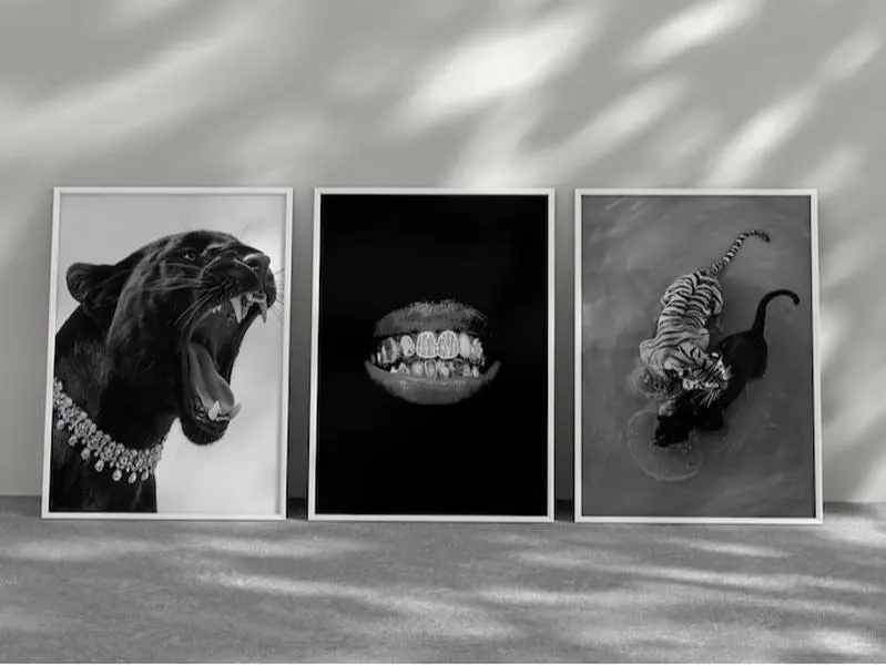 Black Panther Print Set of 3 Diamond Grillz Poster Tiger Photography Baddie Room Decor Dark Luxury Wall Art