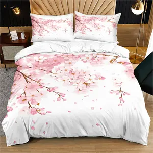 Cherry blossom pattern three-piece Decorative bedding set, including a duvet cover and one-half pillowcases, made of polyester suitable for all seasons