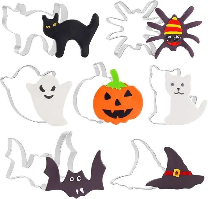 7PCS Large Halloween Cookie Cutters Set, Stainless Steel Metal Halloween Cookie Cutters Shapes - Witch's Hat, Pumpkin, Ghost, Bat Spidder and Cats (Halloween Cookie Cutter)