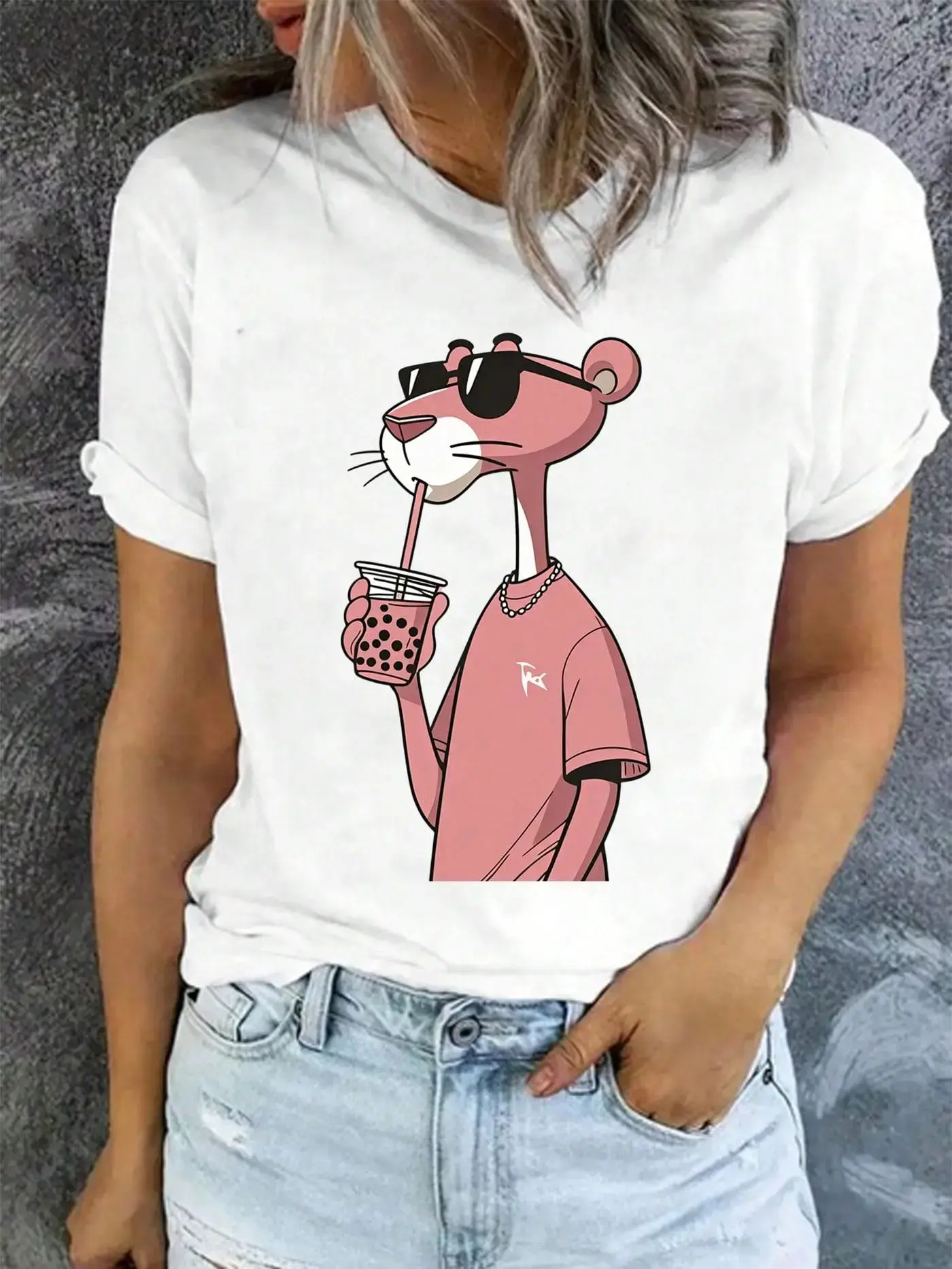 Women's 100% Cotton Soft Short-Sleeve Round Neck Graphic Pullover Nightwear Top - Cute Panther Boba Digital Print, Relaxed Fit, 1-Piece Fabric Lounging Piece for Festival Use, Do Not Dry Clean