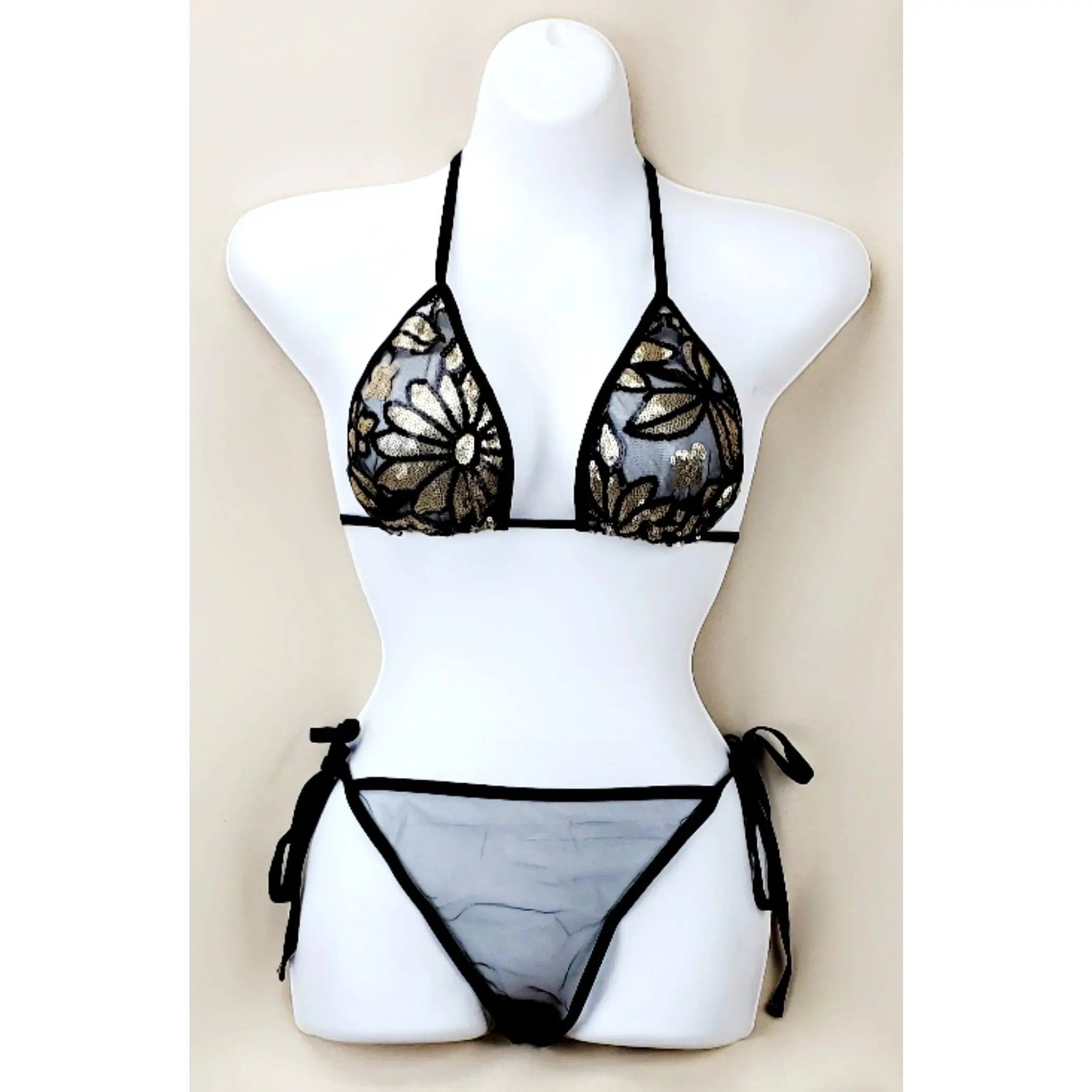 Black Sheer Embellished Gold Sparkly Bikini Set by Sheerswim