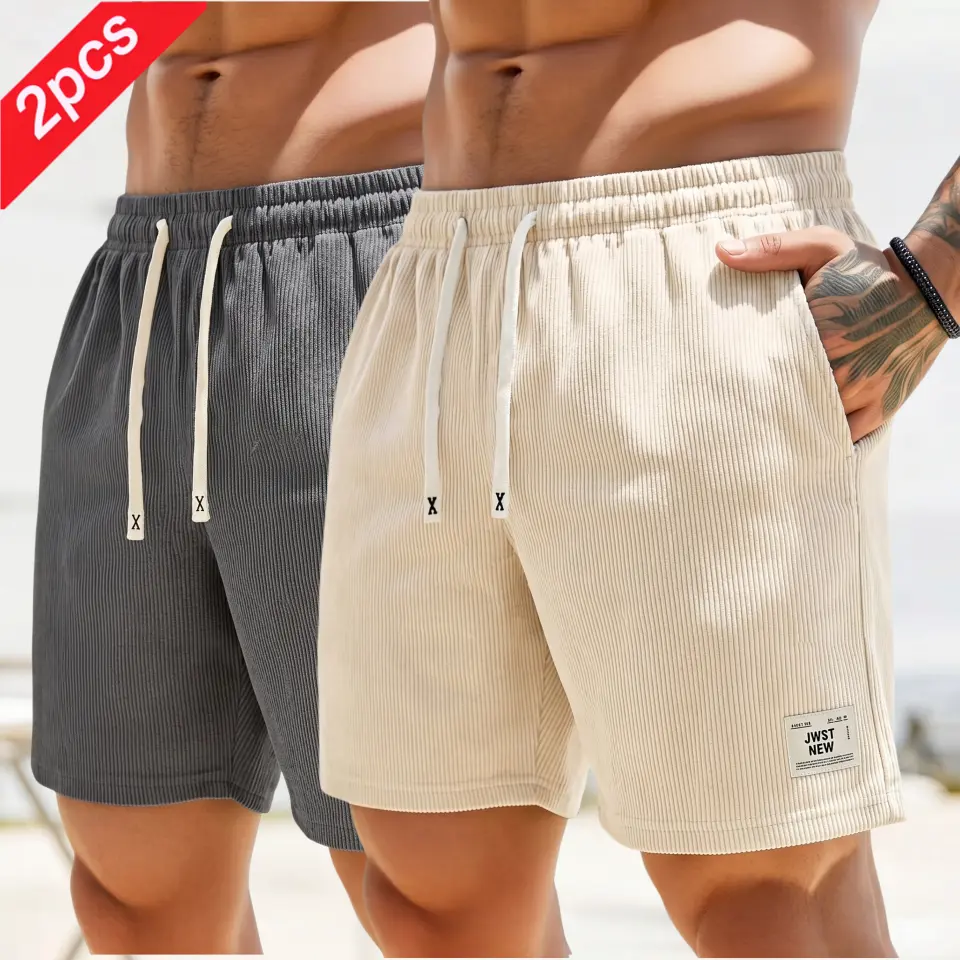 2-Pack Men's Corduroy Shorts, Casual Elastic Waist Drawstring Summer Beach Shorts