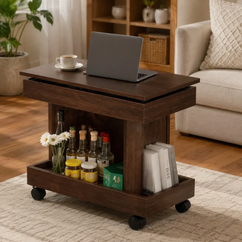 Littleox Small Coffee Table with Wheels, 360° Rotating Desktop Multi-Functional Side Table, Rolling End Table with Storage Compartment, Mobile Bedside Table for Living Room Bedroom Home Furniture, Walnut
