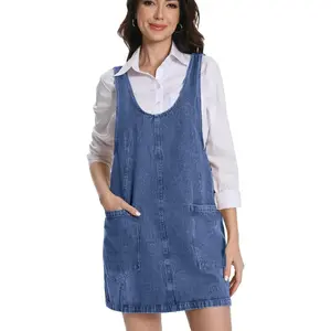 Denim Jumper Dress Women,100% Cotton Overall Mini Dress with Adjustable Straps and Pockets,Sleeveless Loose Fit