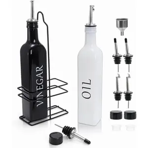 2 Pack Farmhouse Oil and Vinegar Dispenser Set with  Holder, 17oz Black & White Olive Oil Dispenser Bottle, Cute Modern Vintage Glass Cruet for Kitchen