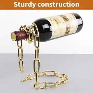 Modern Floating Steel Link Chain Wine Bottle Holder Gold Unique Levitating Stand for Home Bar Kitchen Party Deco Stylish Utensils Rack Durable