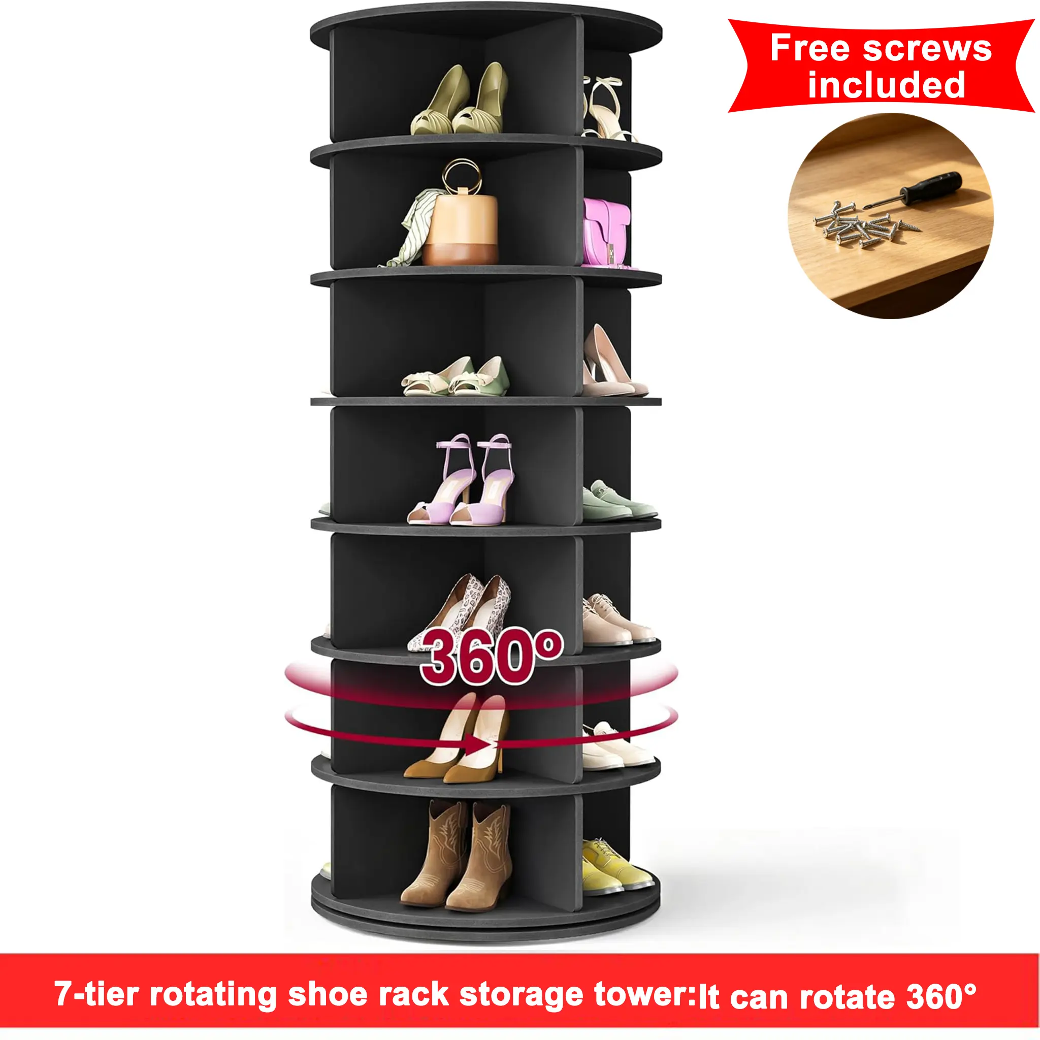 7 Tier Rotating Shoe Rack Tower, Spinning Shoe Display Lazy Susan, Revolving 360 Shoe Rack Storage Round Carousel, Vertical Handbag Rotate Shoes Closet Organization (7-Tier Black) #Summervibes