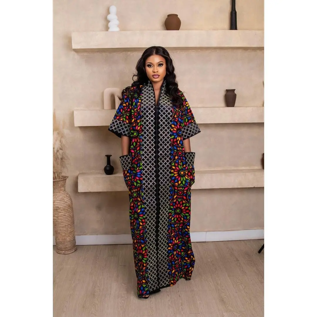 The Luxe Zenith Kimono - Ankara Fabric, Full-Length Design with Zip-Down Front, Short Sleeves, Rhinestone Detailing, Casual Style for Women - Womenswear Chic Everyday Pocket Statement Crystal