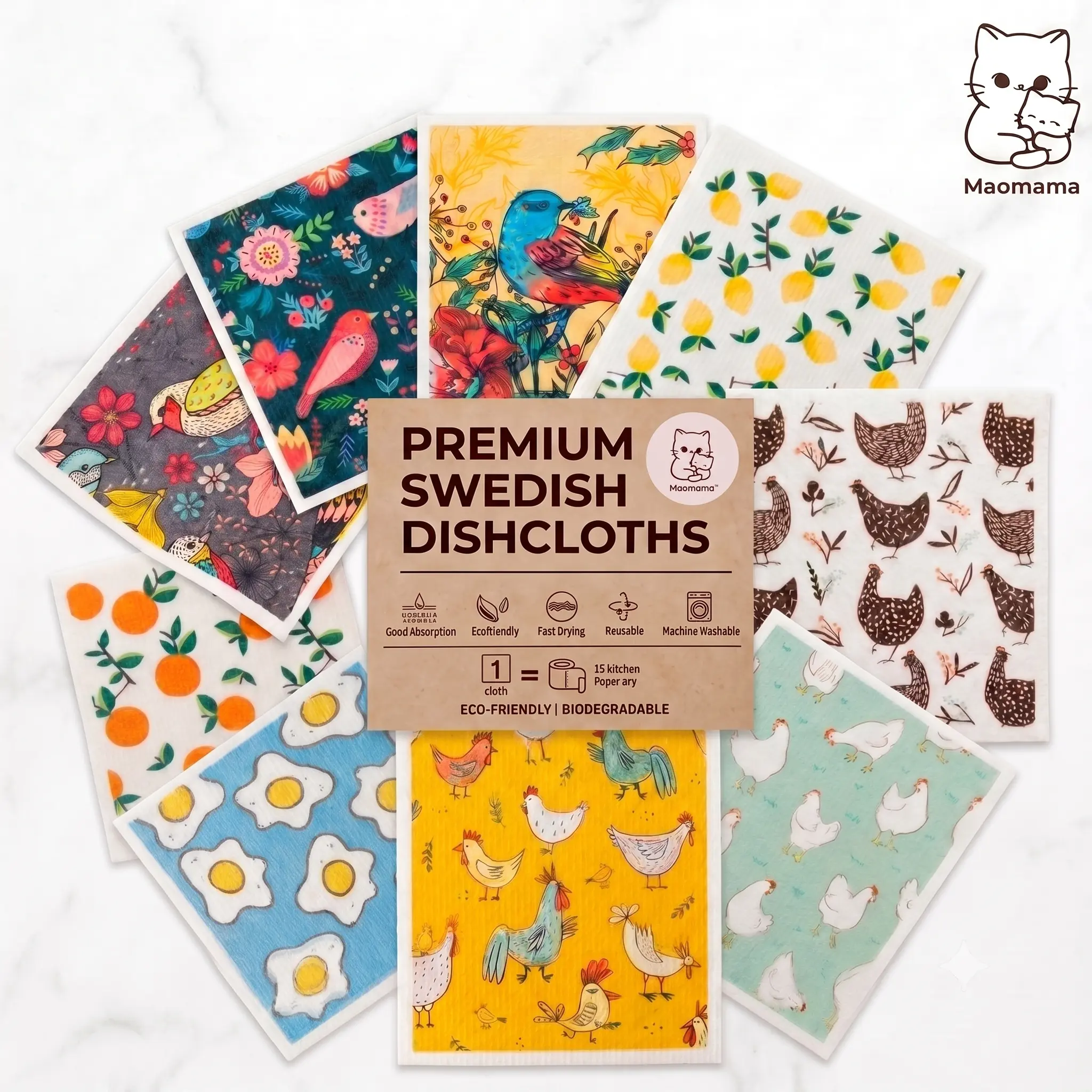 Maomama 3-Pack Cotton Kitchen Dishcloths - Swedish Wholesale Nature, Flowers, Egg, Farmhouse Chicken Patterns, Reusable Eco-Friendly Cellulose Sponge Cloths, Super Absorbent Cotton Towel Cleaning Cloths for Dishwashing