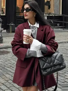 Burgundy Oversized Woman 2026 Women's Jacket Spring Autumn Office Wear Women Elegant Double-Breasted Long Sleeve Suit Jacket Tailored Blazer Fashion Versatile Outerwears
